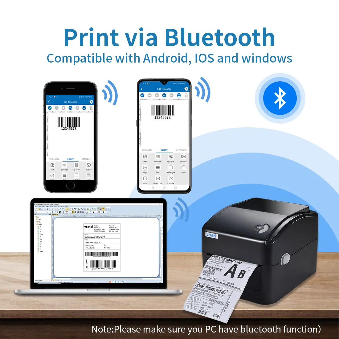 Vretti 420B Термопринтер для этикеток 4*6 беспроводной Bluetooth доставка экспресс черный