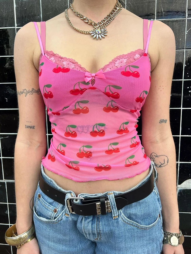 

Sexy Mesh See Through Sheer Strap Crop Tops Women 2022 Summer Cherry Print Camis Y2K E Girl Clothes Casual Streetwear