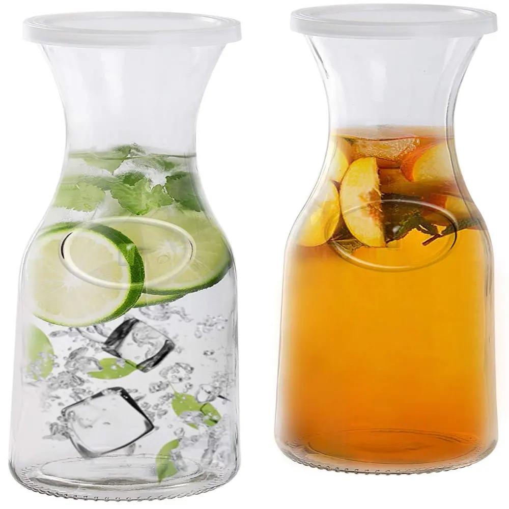 

Glass Beverage Pitcher Carafe With Plastic Lids, Narrow Neck Design, 1 liter (33oz) Set of 2