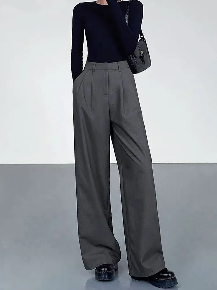 

Женские плиссированные брюки RDMQ, серые Элегантные широкие брюки с высокой талией, офисные классические брюки до пола для работы, лето 2023