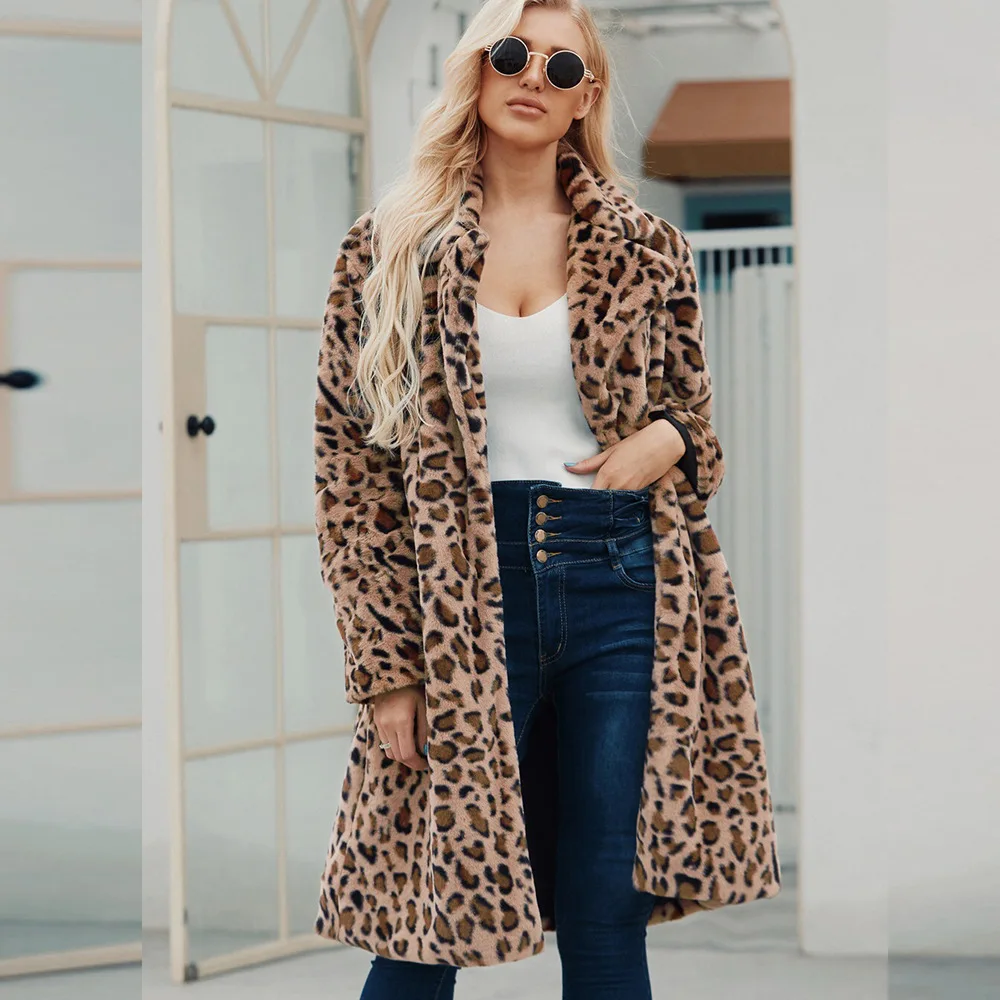 Long Leopard-print Suit Collar Faux Fur Coat Women's Casual Coat Autumn  Winter Fashion  Winter Jacket Women  Coats for Lady