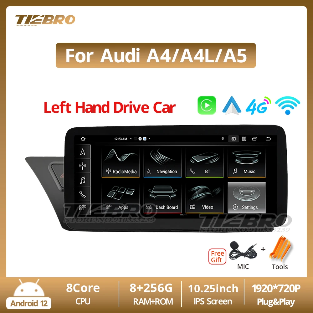 

Автомагнитола TIEBRO, 10,25 дюйма, Android 12, стерео для Audi A4 A4L A5 LHD 2009-2017 1920*720P, Bluetooth, Carplay, автомобильный мультимедийный плеер