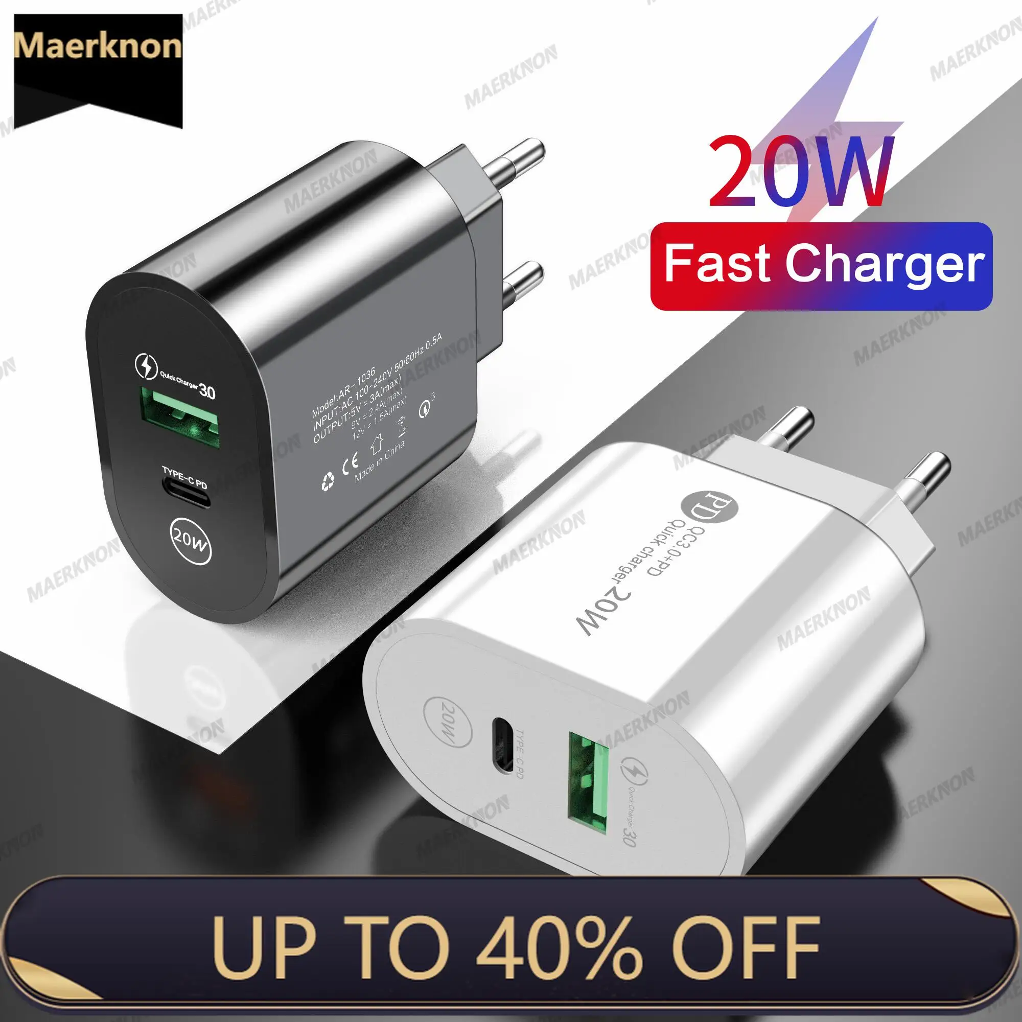 

Phone Charger USB Type C Charger QC 3.0 Universal Adapter 20W Dual Ports Fast Charge Charger For iphone 13 12 11 Pro Max Xiaomi