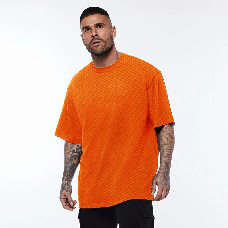

Oversized T shirt Men Drop Shoulders Gym Bodybuilding Fitness Loose Hip-Hop T-shirt Quick Dry Mesh Streetwear Sports Tshirt
