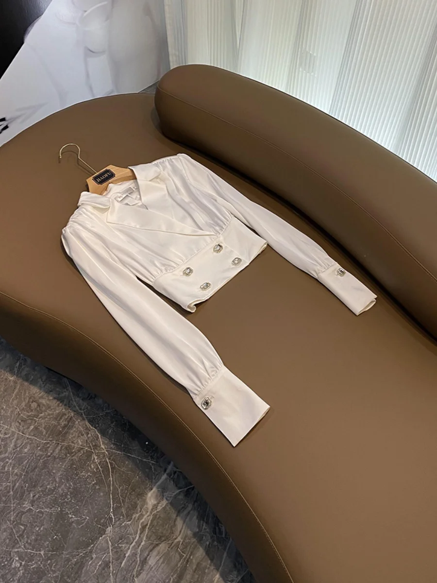 

Элегантная женская блузка с двойным рядом пуговиц, короткие белые рубашки с длинным рукавом и надрезом