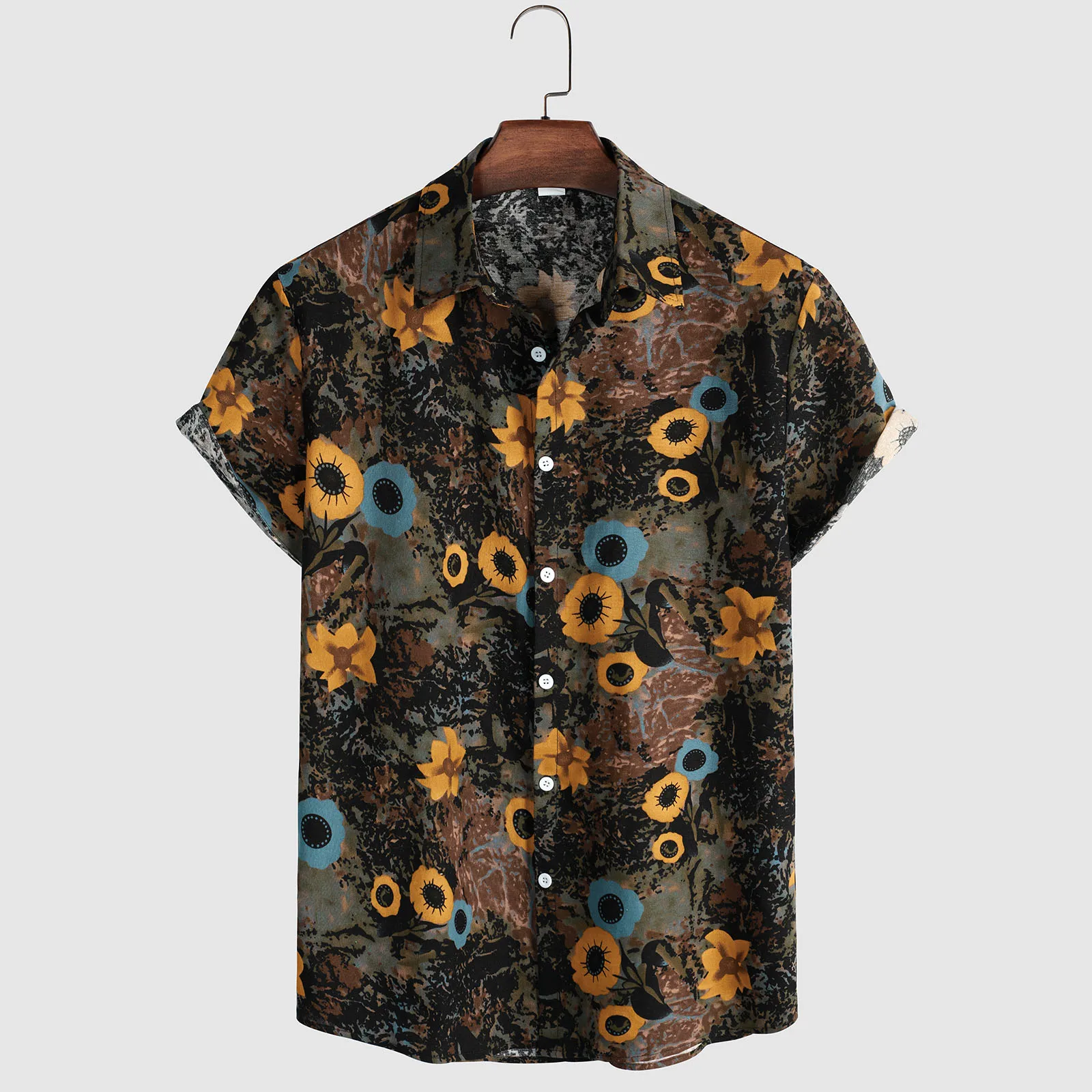 

Men Spring And Summer Casual Elegant Tops Shirt Printing Lapel Short Sleeve Cotton And Linen Shirt Top Heavy T Shirt