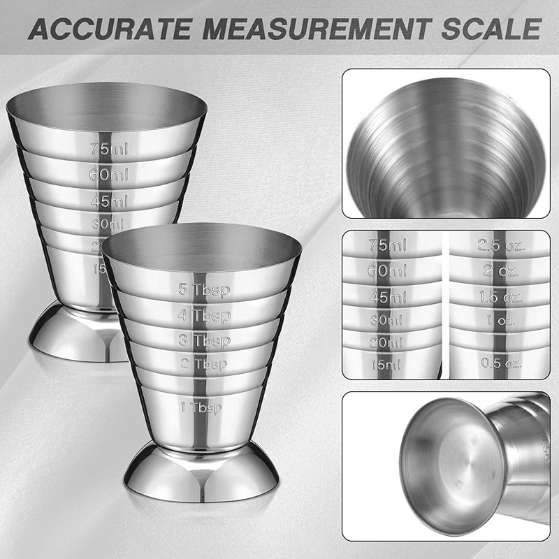 

AT14 4 Pieces Cocktail Measuring Cups Stainless Steel Cocktail Jiggers 2.5 Oz,75 Ml,5 Tbsp Drink Jiggers For Bartender Bakers