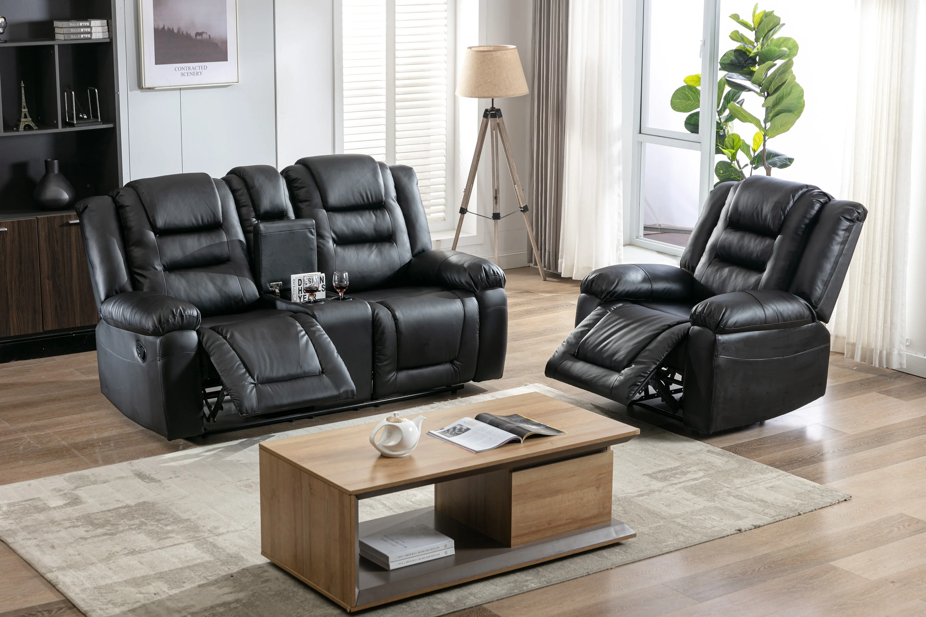 

FurnitureHome Theater Seating Manual Recliner, PU Leather Reclining Sofa Set for Living Room (1+2 Seat）