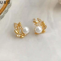 modern jewelry metal leaf earrings delicate design high quality brass thick golden plated round pearl stud earrings women gifts