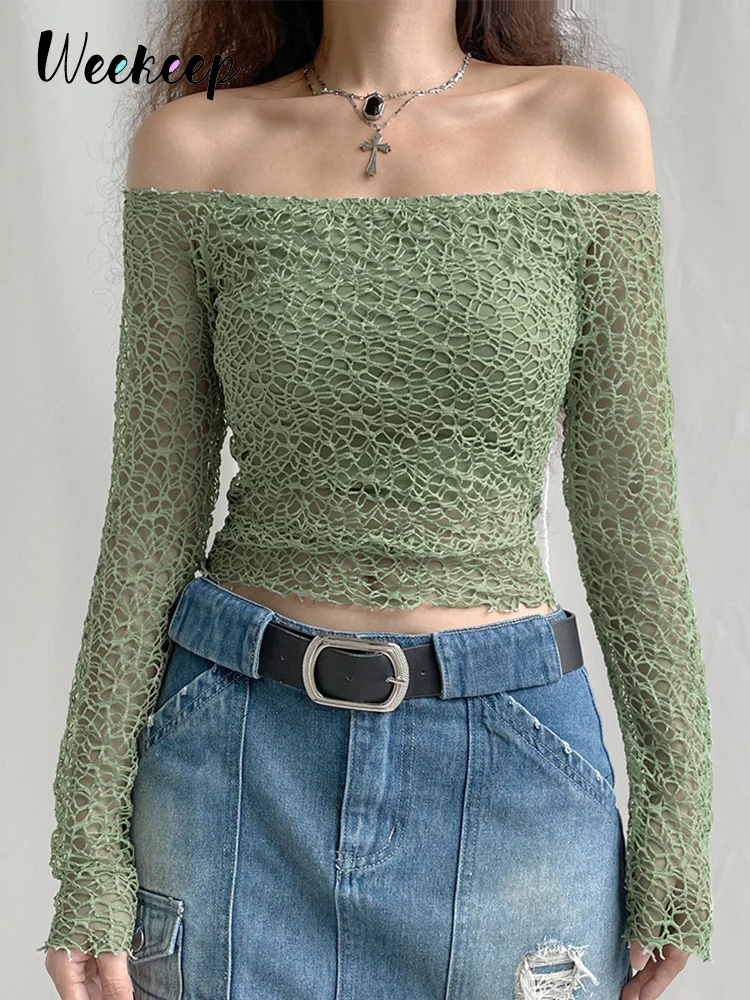 

Женский укороченный топ с вырезами Weekeep, облегающая футболка с длинным рукавом и вырезом лодочкой, летняя шикарная уличная одежда, базовые Топы, модная футболка