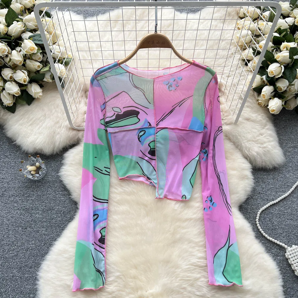 

Summer New Fashion Women T Shirt y2k Vintage Lrregular Panel Colorful Print Tees Blouse Female Chic Long Sleeved Crop Tops Mujer
