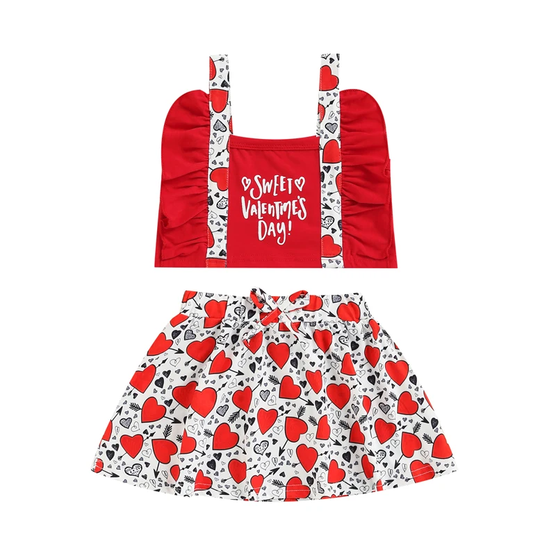 

Новинка 2022, одежда для девочек на День святого Валентина, топ без рукавов с буквенным принтом и мини-юбка трапециевидной формы с принтом в ви...