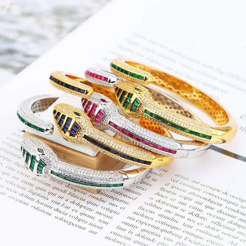 

Europe America Luxurious Style Bracelet Women Lady Plated Gold Color Inlay Colored Cubic Zircon Snake Snakelike Open Bangle