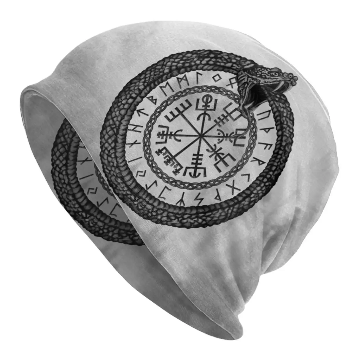 

Мужская Теплая Зимняя Шапка-бини Vikings Vegvisir с Ouroboros Runes, повседневные облегающие шапки с древним символом, рунические алфавиты, женская шапочк...