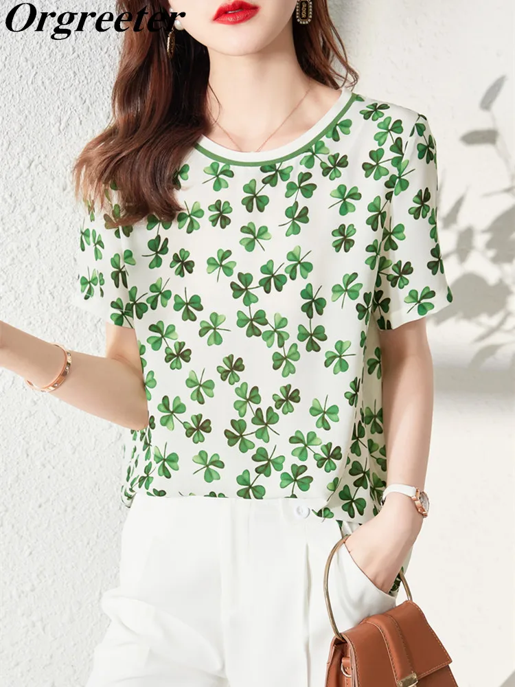

Модная шифоновая женская футболка с коротким рукавом и принтом четырехлистного клевера, Новинка лета 2022, элегантные женские топы, Повседне...