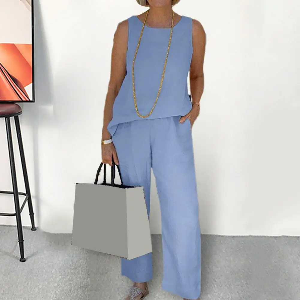 

Женский Повседневный комплект из 2-х предметов, топ без рукавов и длинные брюки с круглым вырезом и широкими штанинами