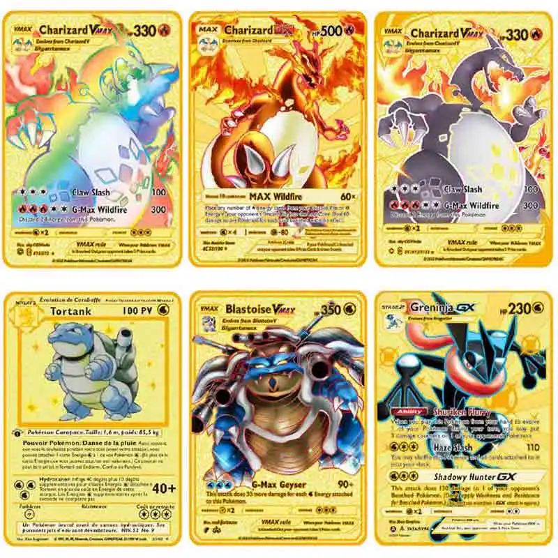 

Pokemon cards Game Anime Blastoise Charizard Pikachu Kaarten Pokemon Gold Card Metal Card Battle Action Collection Child Toys