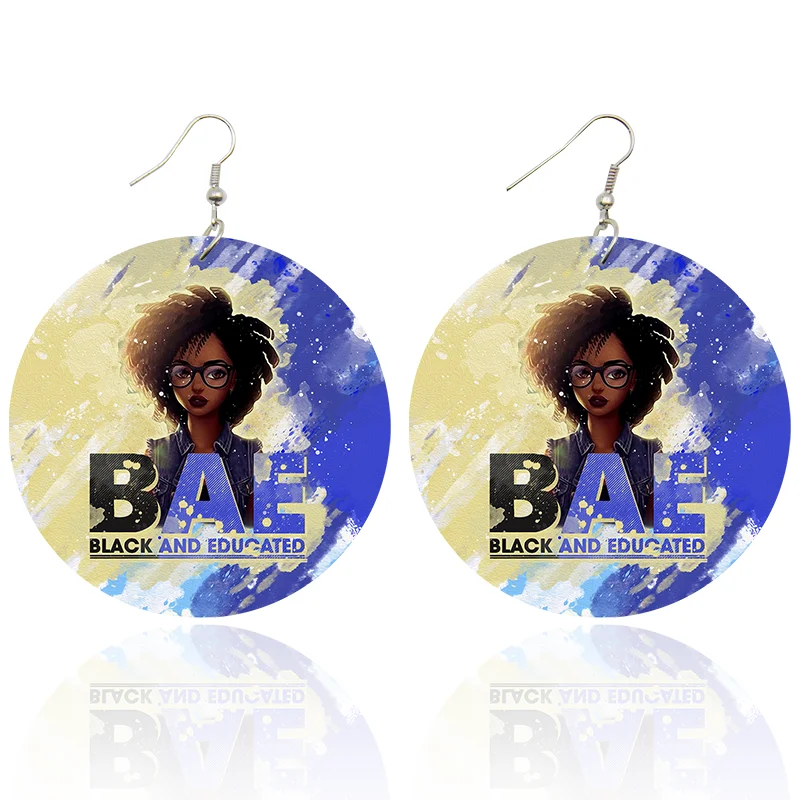 

SOMESOOR Afro Curly Girl Wooden Drop Earrings BAE Melanin Poppin Cancer Symbol Flighting Loops Pendant Dangle For Women Gifts