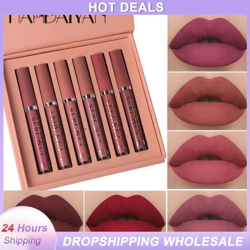 

HANDAIYAN, 6 цветов/комплект, бархатная Матовая жидкая помада, блеск для губ, сексуальная фотостойкая Глянцевая Подарочная коробка для губ TSLM1