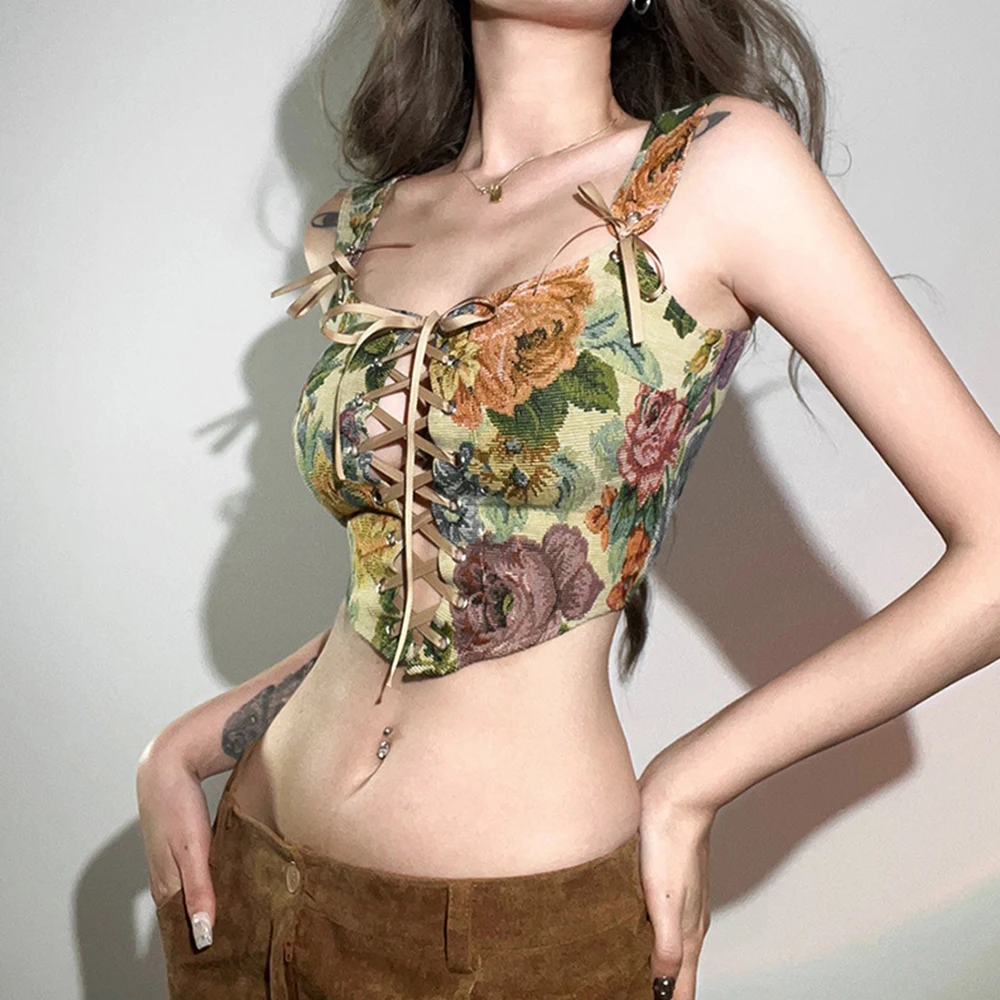 

Sling Square Neck Vintage Top Women's Slim Strap Oil Painting Print Tank Top