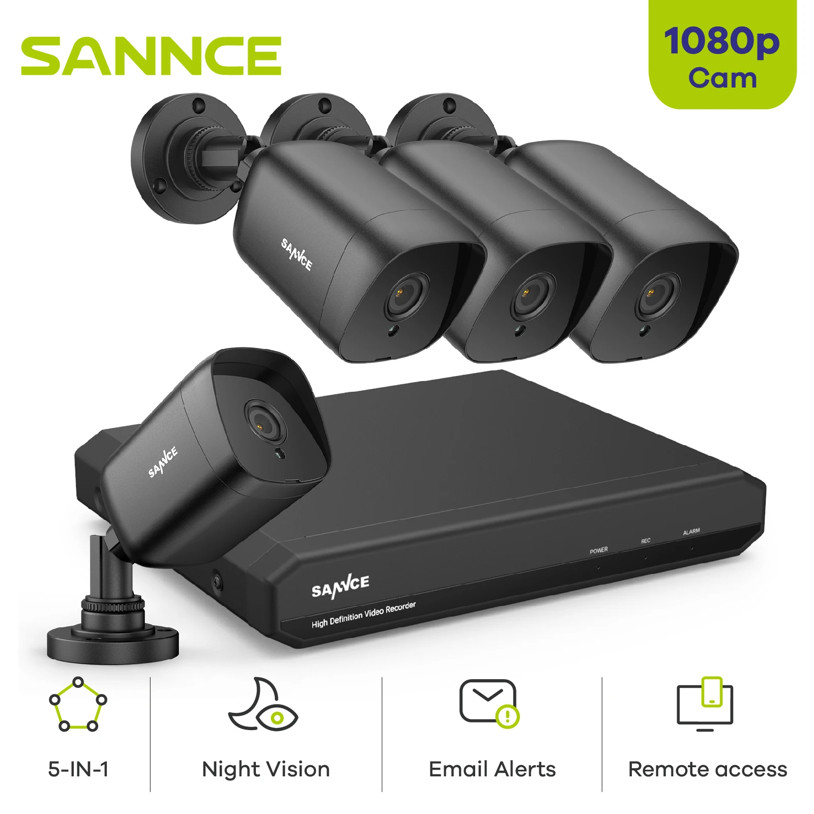 

SANNCE 1080P Lite Video Security System 1080N 5IN1 H.264+ 4CH DVR With 2X 4X Outdoor Weatherproof Surveillance Cameras CCTV Kit