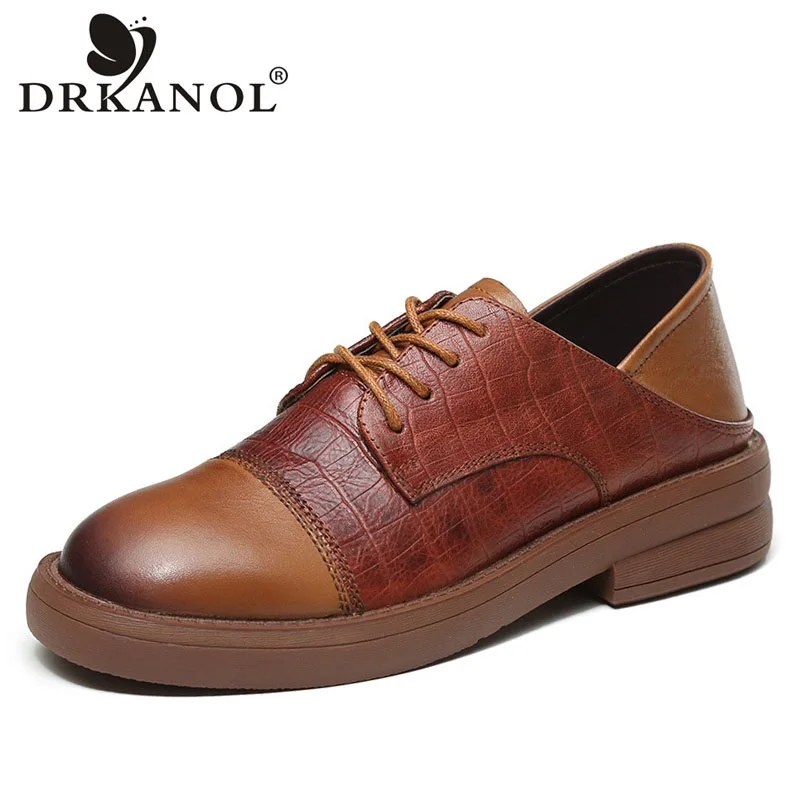 

DRKANOL Genuine Leather Oxford Shoes For Women Spring Autumn Round Toe Mixed Colors Crocodile Pattern Casual Thick Heel Shoes