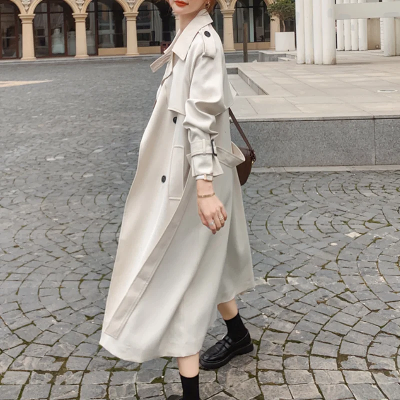 

Beige Temperament Fashion Trench Coat Long Double-Breasted with Belt Spring Autumn Lady Duster England Style Female Outerwear