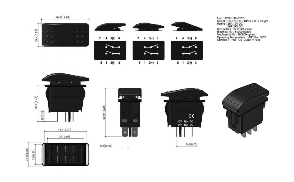 Переключатель трехпозиционный ON-ON-ON 12 В/20А 8Р с подсветкой 2-х положений (у
