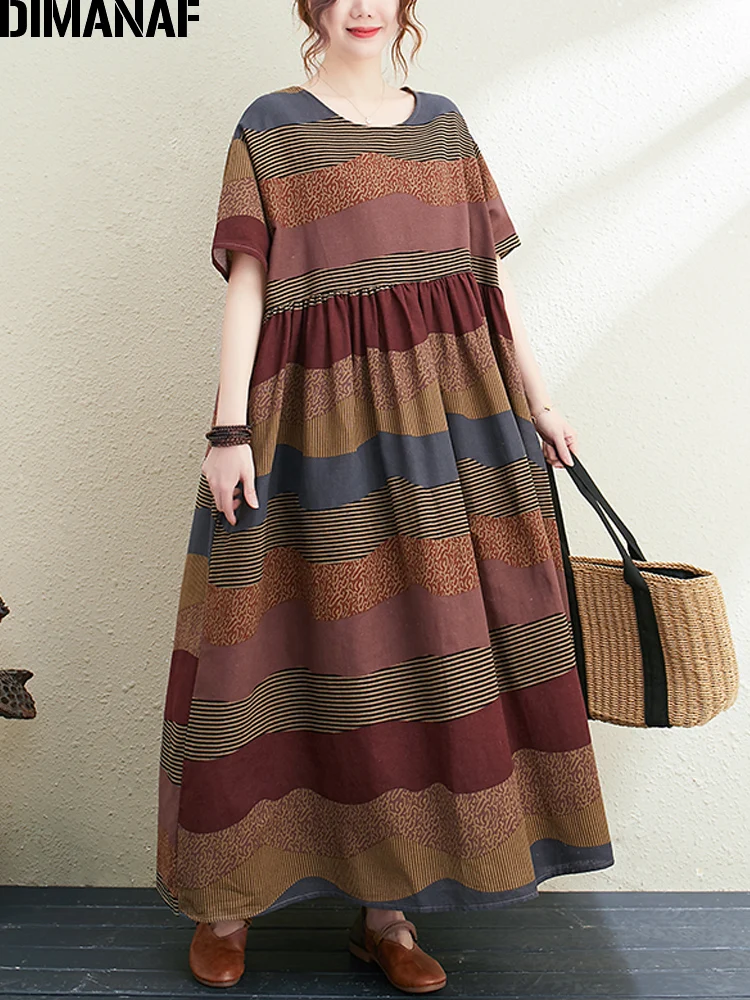 

DIMANAF 2022 Summer Women Dress Oversized Sundress Vintage Printing Cotton Female Vestidos Loose Beach Bohemian Lady Long Dress