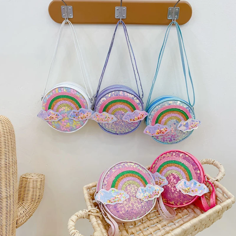 Cute Rainbow Children's Shoulder Bags Lovely Pink Baby Girls Sequins Messenger Bag Princess Accessories Small Round Handbags