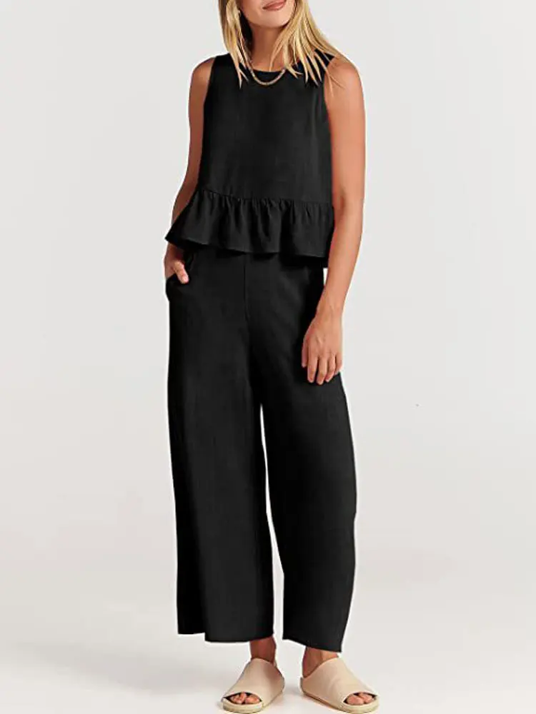 2023 Summer Cotton Linen Pajamas two piece Set Women Sleepwear Sleeveless Lounge Wear Sets Home Suit Female Loose Pj Set XXXL