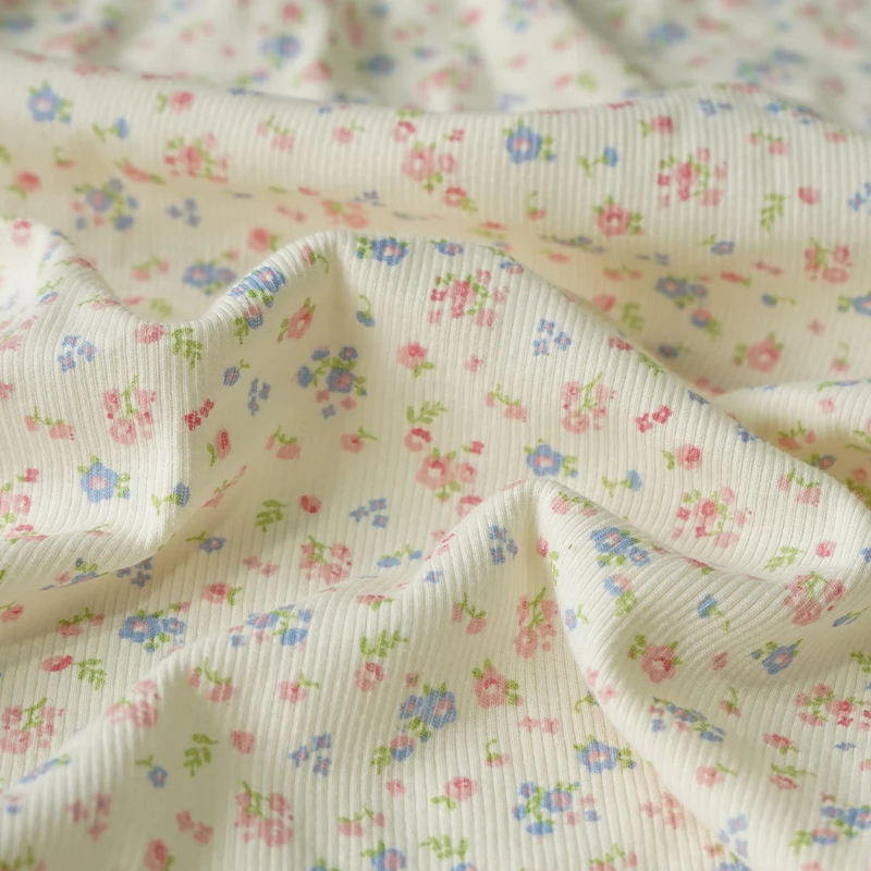

135x50cm Small Floral Rib Knit Fabric Cotton Lycra Jersey Stretch For Summer Children's Clothing DIY Sewing Cloth YHA0275