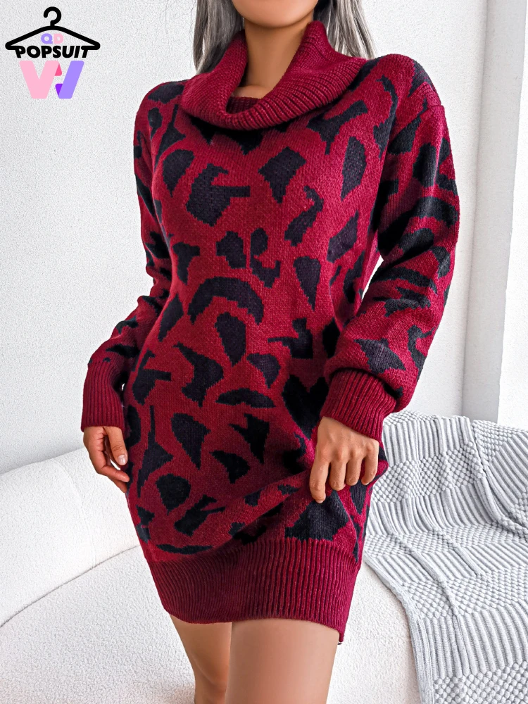 

New Autumn Winter Sweater Dress Fashion Sexy Turtleneck Long Sleeve Waistline Leopard Print Knitted Streetwear Party Warm Dress