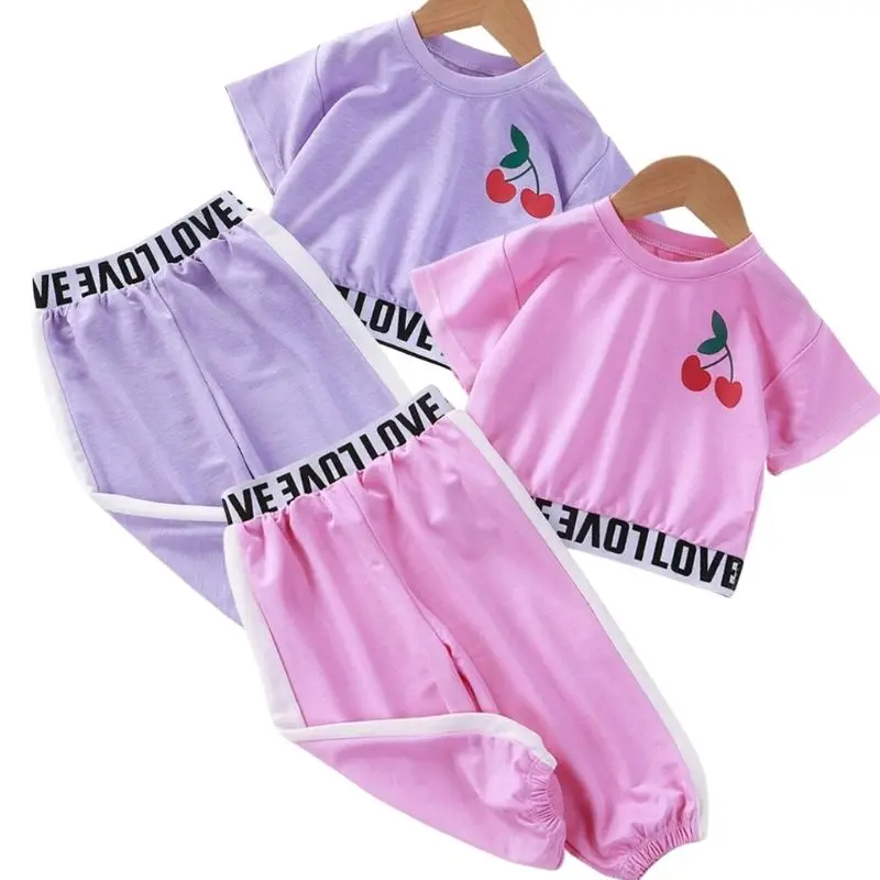 

Модная одежда для девочек, комплект из 2 предметов, Летние повседневные шорты, футболка + штаны, одежда для девочек, детский спортивный костю...