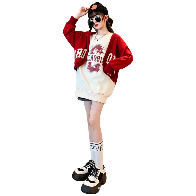 

Одежда для девочек, весенне-осенний свитер из двух частей с надписью, модная детская одежда, длинные пуловеры в стиле пэчворк для 4-14 лет