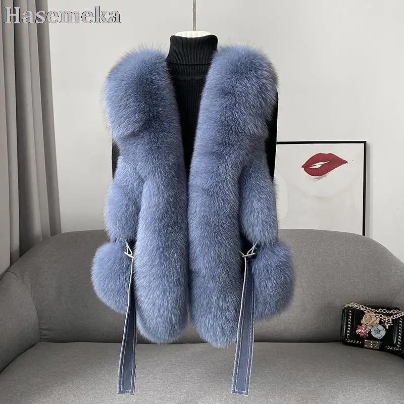 Genuine Fox Fur Vest Women's Short Thicken Warm Real Fur Coats Vest Winter Slimming Young Ladies Sleeveless Solid Waistcoat