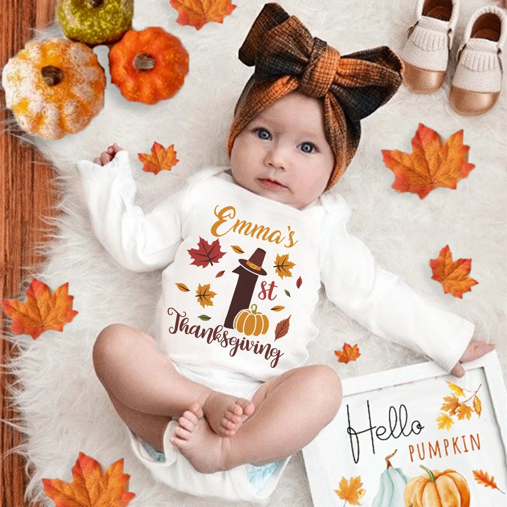

Personalized Baby Bodysuit First Thanksgiving with Name Romper Toddler Long Sleeve Outfits Infant Fall Infant Holiday Clothes