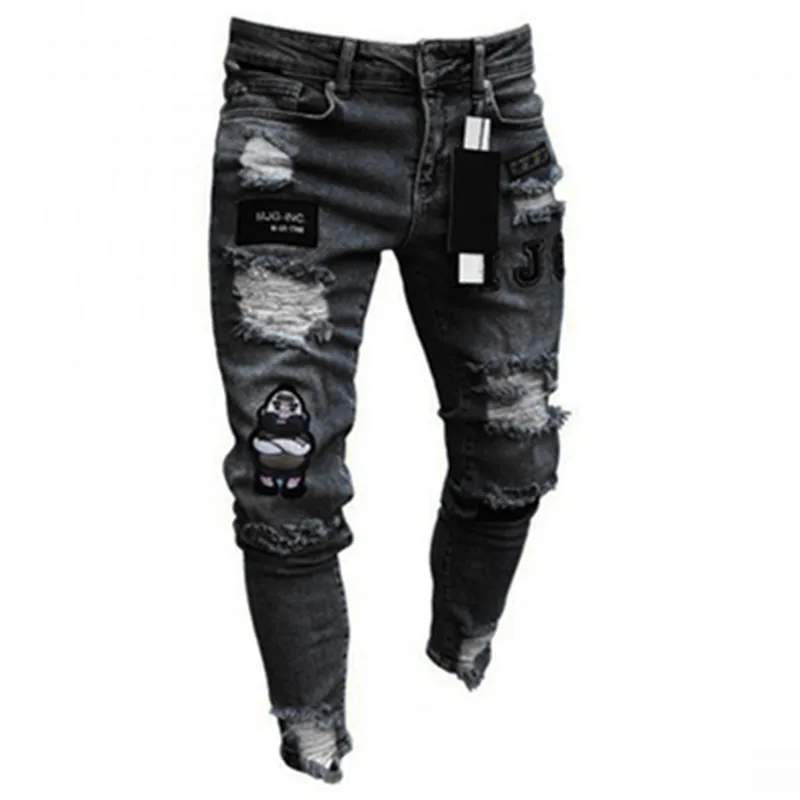 Men Stretchy Ripped Skinny Biker Embroidery Cartoon Print Jeans Destroyed Hole Slim Fit Denim High Quality Hip Hop Black Jeans