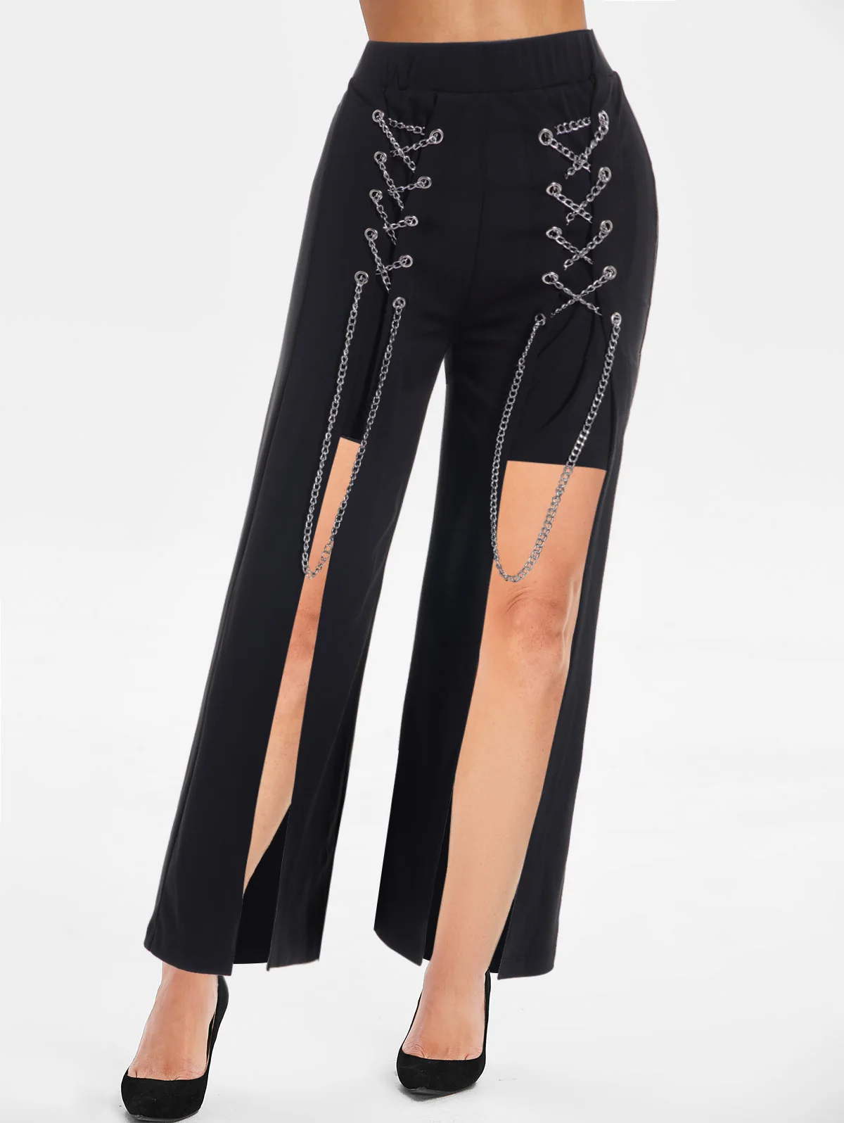 

Dressfo Solid Black Chain Lace Up High Slit Wide Leg Pants For Femal Elastic Waist Long Loose Pants
