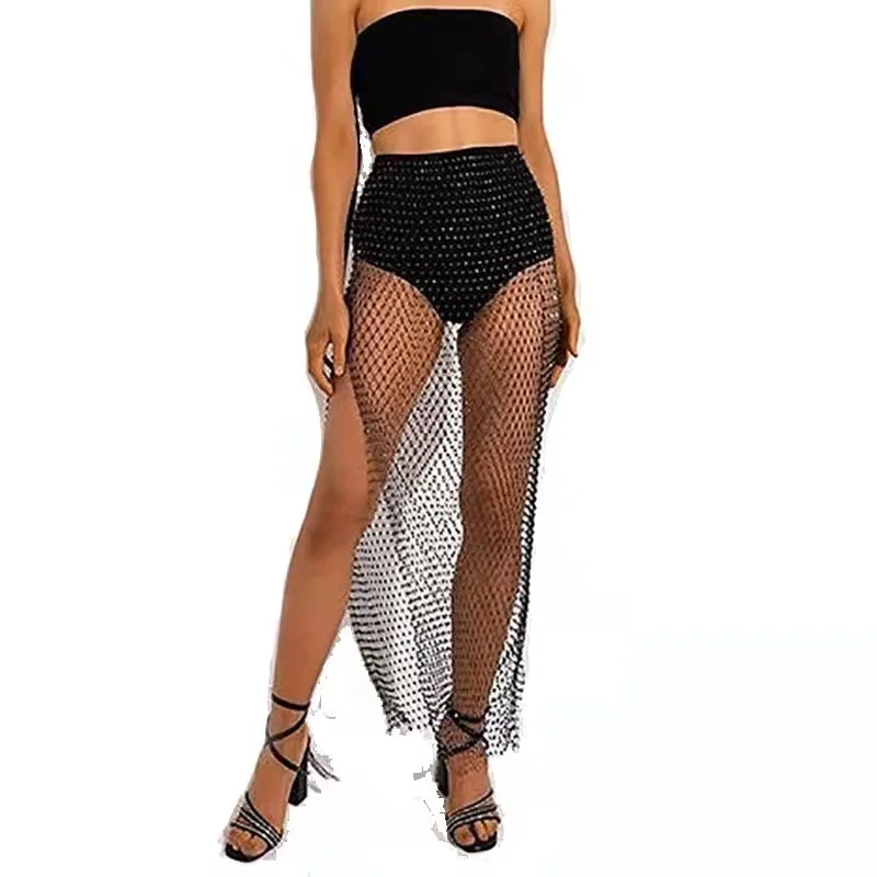 New Fashion Crystal Diamond Shiny Women Pants Summer Hollow Out Fishnet Wide Leg Trousers Sexy See Through Beach Pant