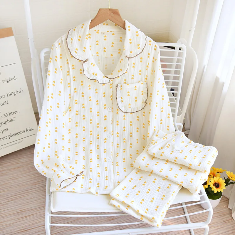 

Summer Maternity Nursing Wear Women Pajamas Washed Double Layer Cotton Yarn Crepe Thin Confinement Clothes Bedroom Set Sleep Pjs