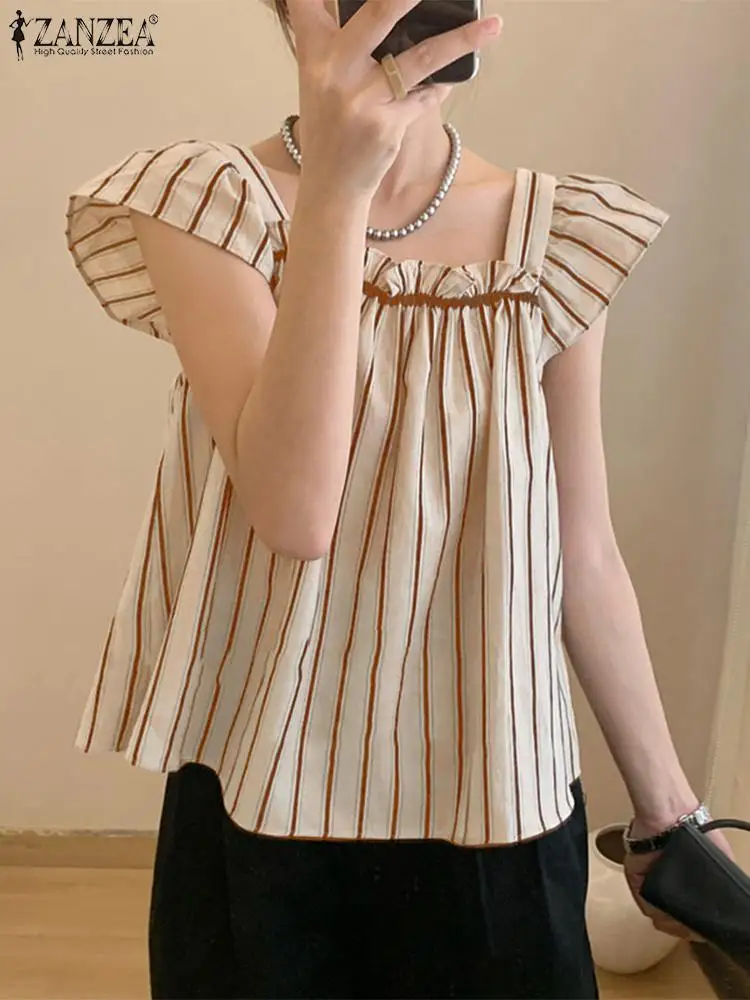 Блузка ZANZEA женская с квадратным вырезом модный элегантный топ в полоску