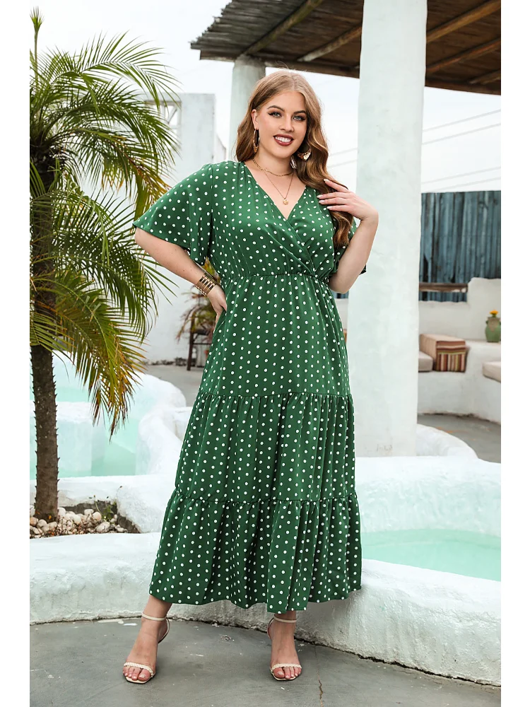 

Summer New Plus Size Women's Large Polka Dot Leisure Holiday Dress V-neck elegant swing midi skirt