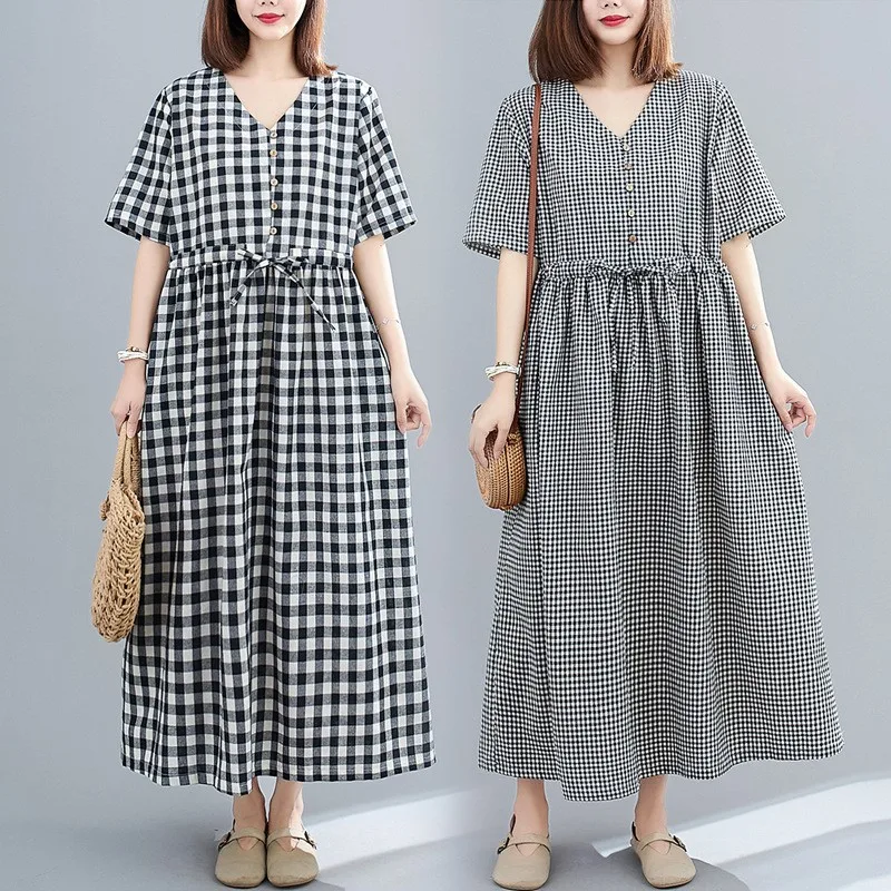 

Женское Свободное платье в литературном стиле, повседневное простое облегающее платье из хлопка и льна с V-образным вырезом и завязкой на та...