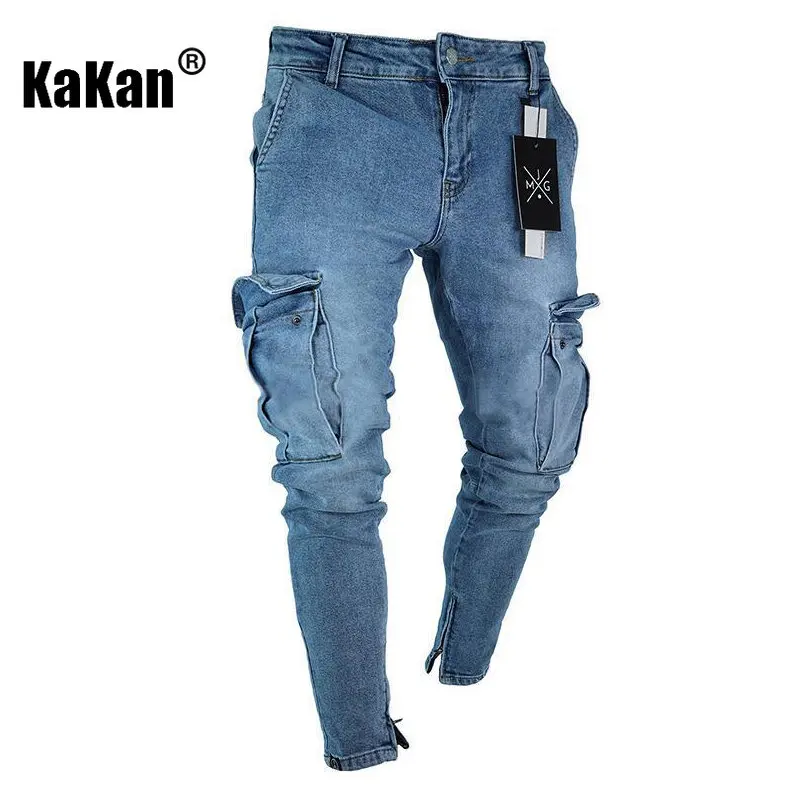Kakan - European and American Trend Knee Pierced Jeans for Men, Zippered Slim Fit Small Leg Long Jeans K40-806