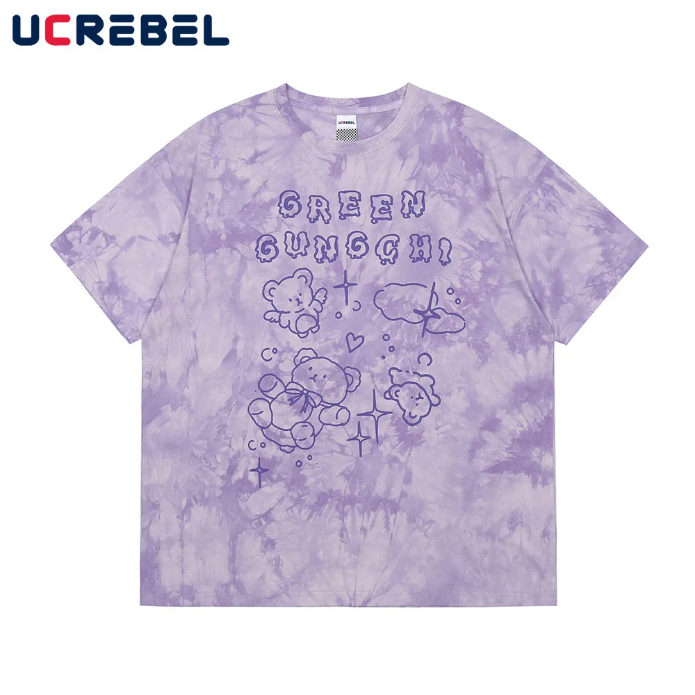 

Tie Dye Short Sleeve T-shirt Mens Summer Streetwear Little Bear Print Casual Half-Sleeve High Street Loose Crew Neck Cotton Tee