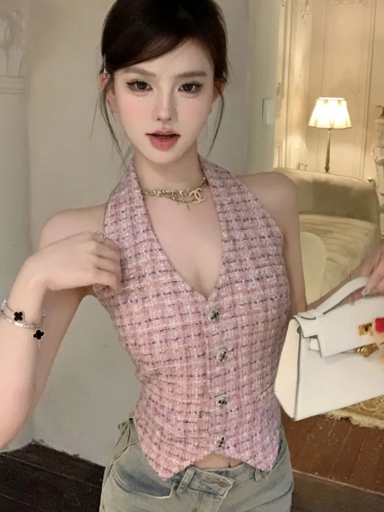 

2023 French Elegant Women Summer Small Fragrance Hotsweet Tweed Vest Crop Top Korean Fashion Streetwear Plaid Sexy Camisole Tops