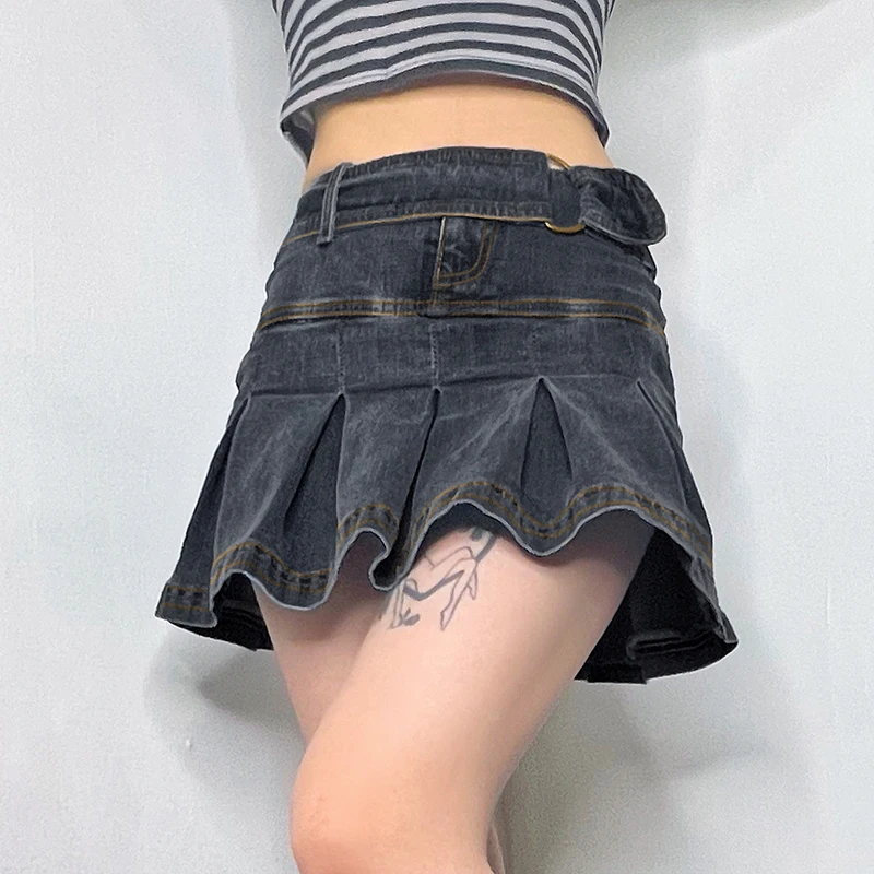 

Women's Short Denim Skirts Solid Color High Waist Street Style Pleated Skirt Y2k Korean Fashion Simple Bottoms
