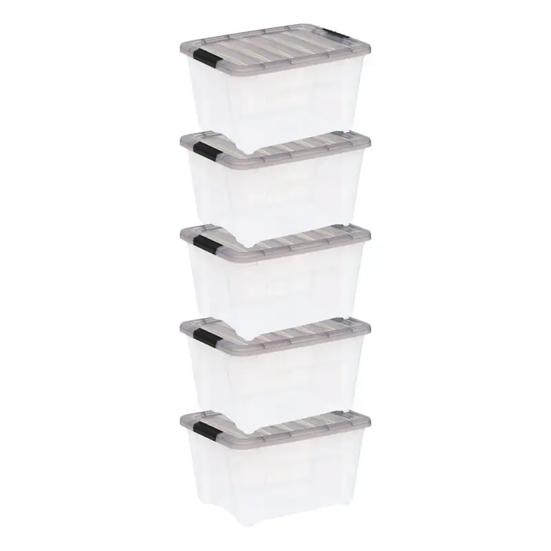 

USA, 32 Quart Stack & Pull™ Clear Plastic Storage Box with Buckles, Gray, Set of 5