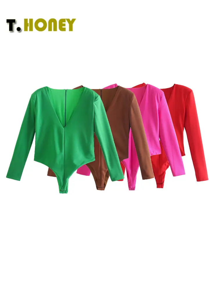 

Women Fashion Summer Rompers Solid V Neck Bodysuits Sexy Zipper Long Sleeve Chic Tops